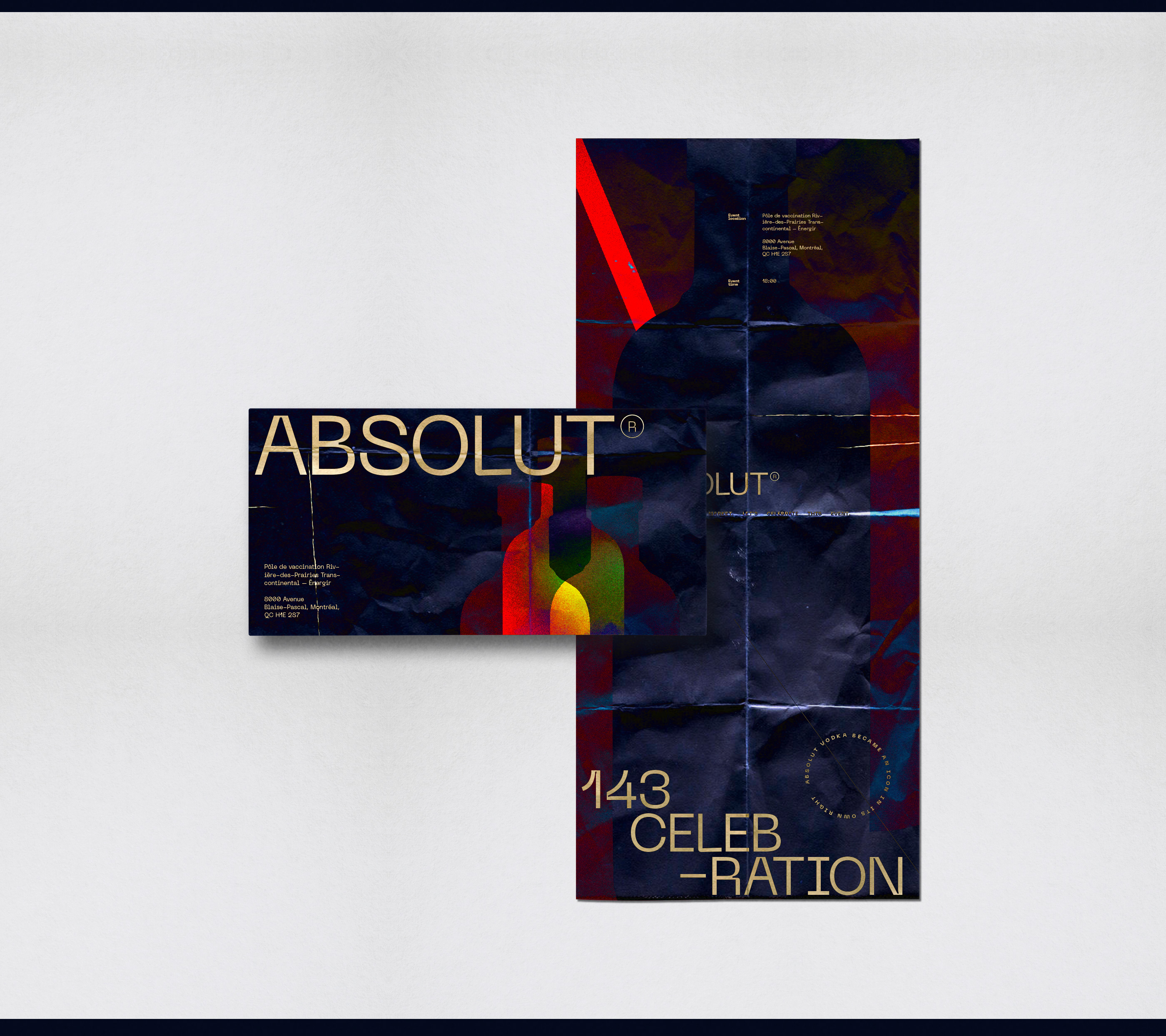 The current work includes print materials for the Vodka Absolut 143 event.