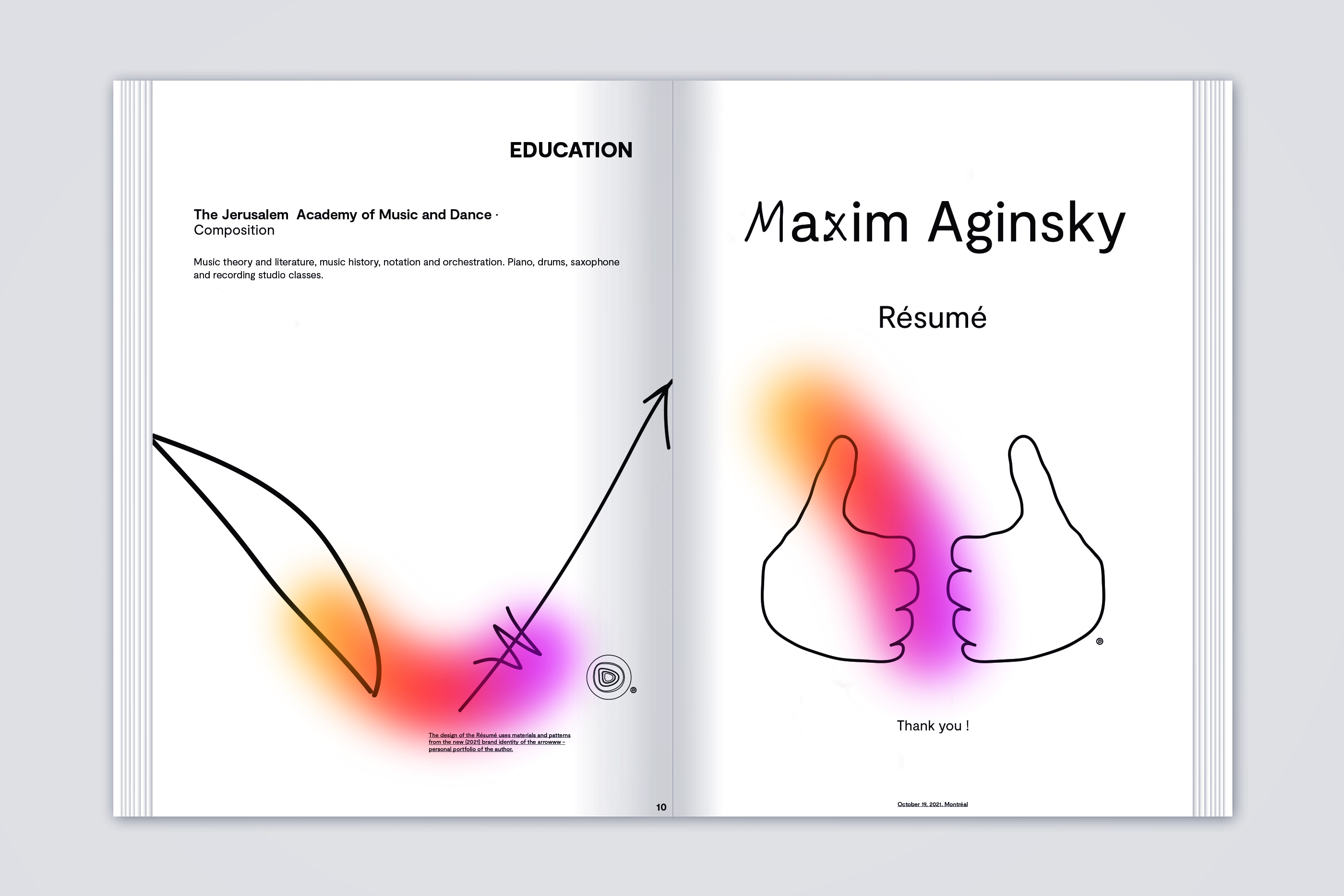 Maxim Aginsky Résumé of designer in PDF format designed using personal identity and arrowww vision v17 design principles