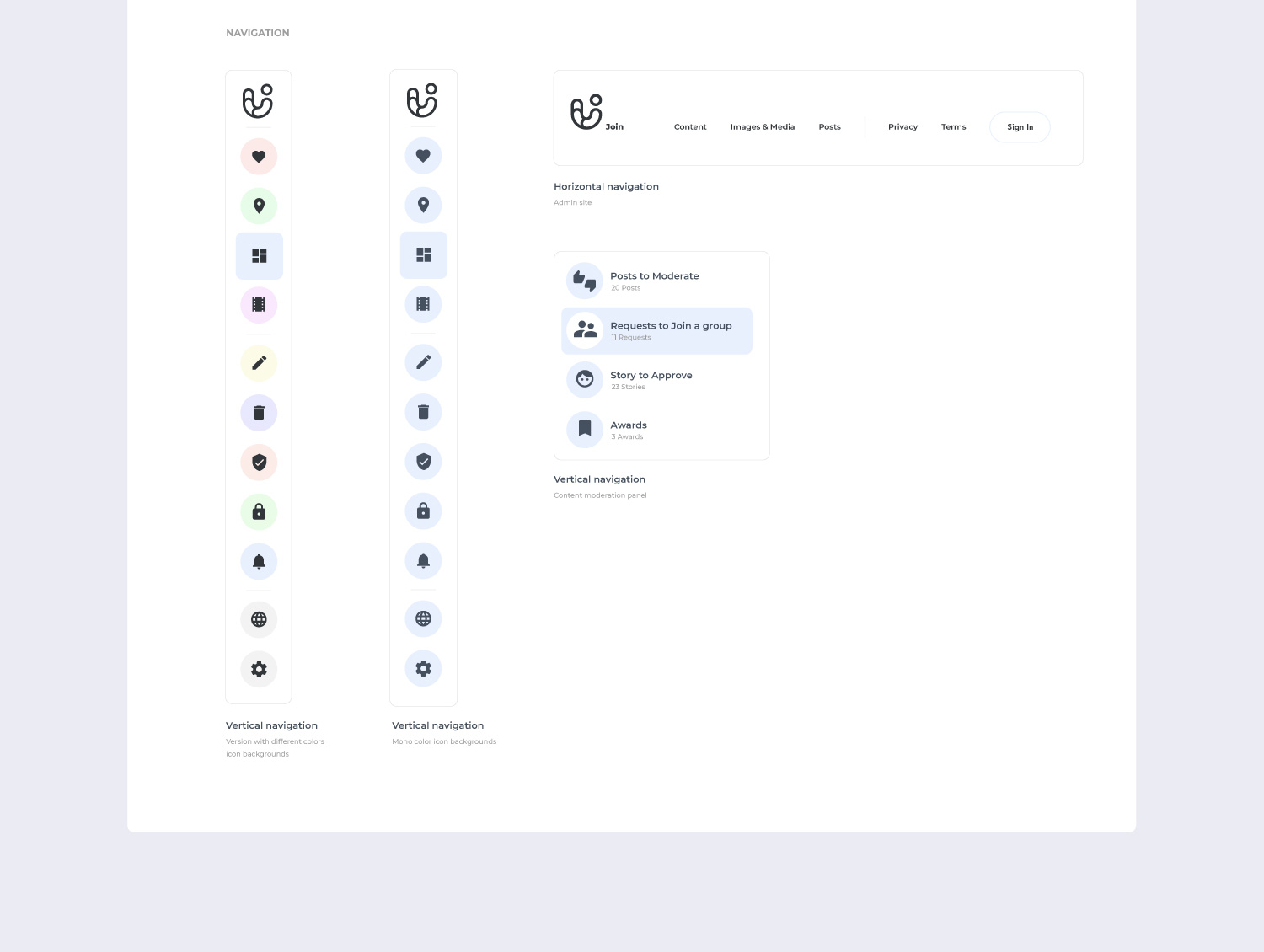 Modeling social online community UI to filter posts by group and type and moderate requests to join private group.