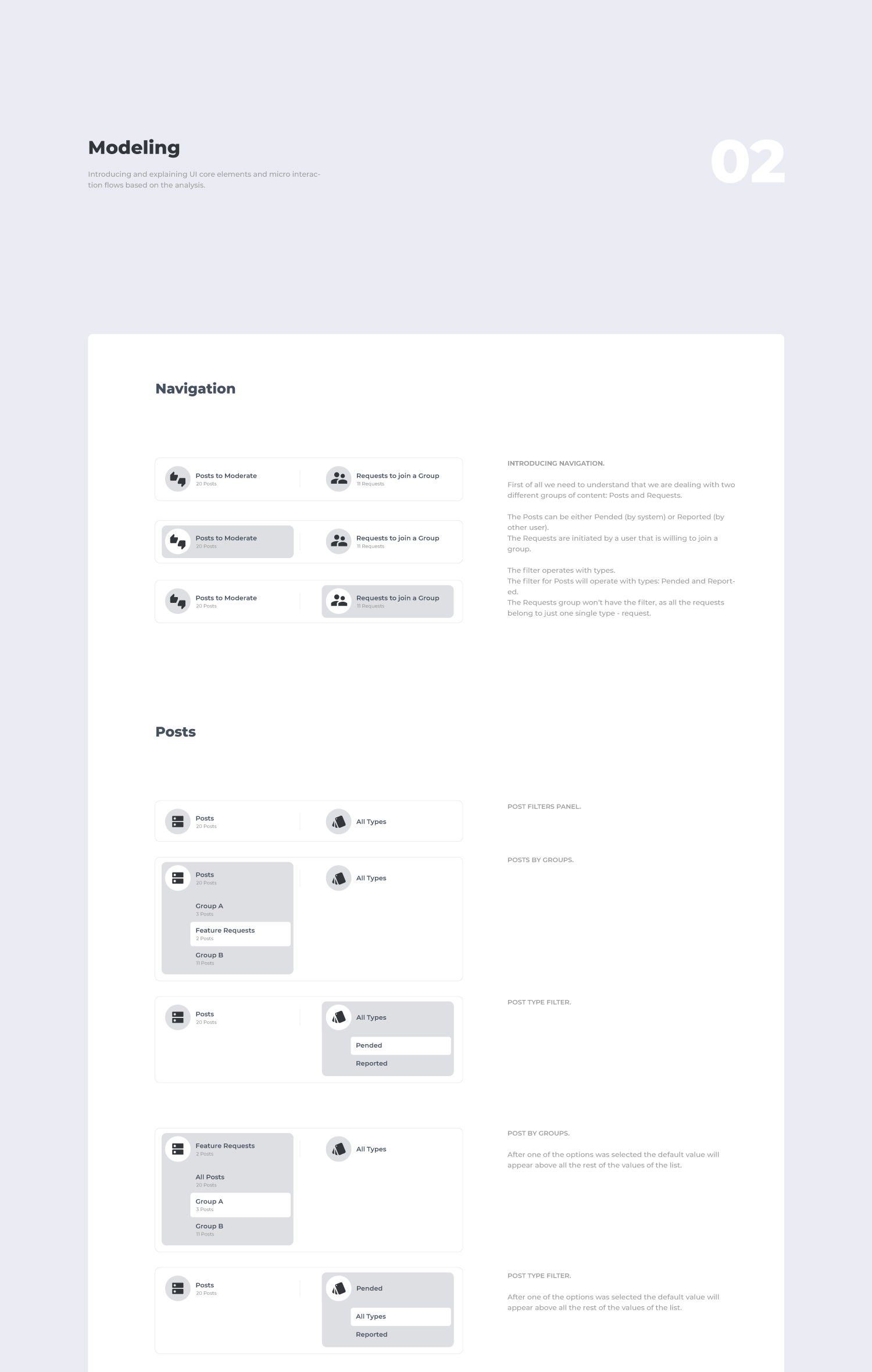 Modeling social online community UI to filter posts by group and type and moderate requests to join private group.