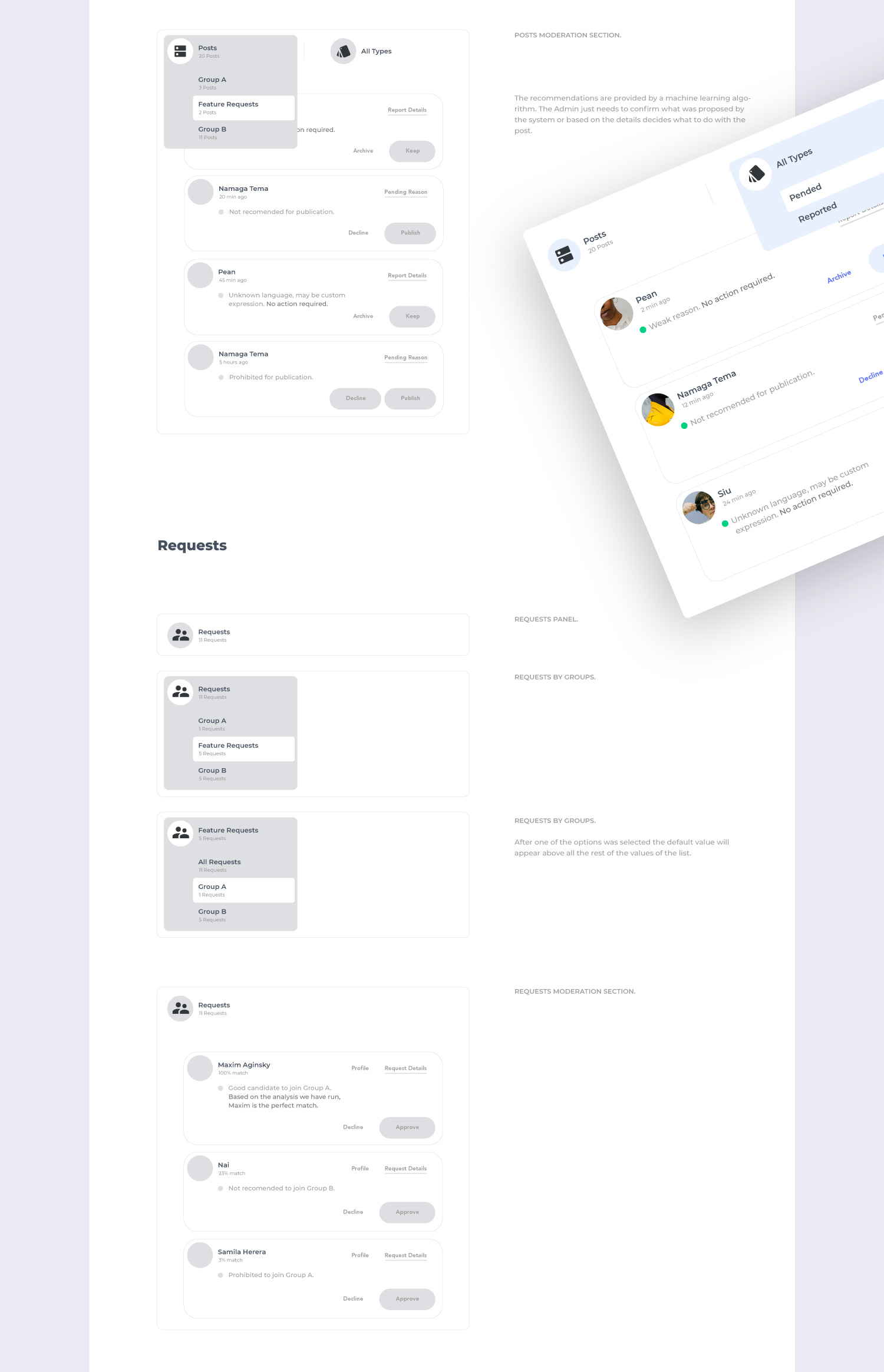 Modeling social online community UI to filter posts by group and type and moderate requests to join private group.