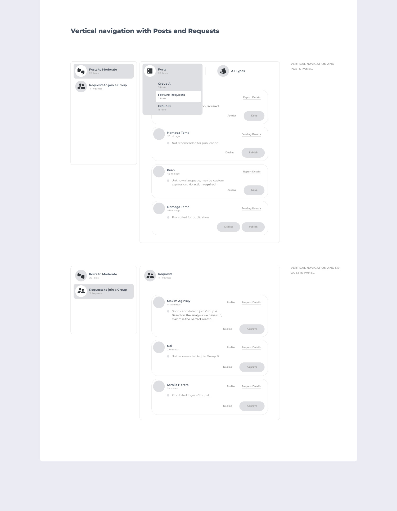 Modeling social online community UI to filter posts by group and type and moderate requests to join private group.