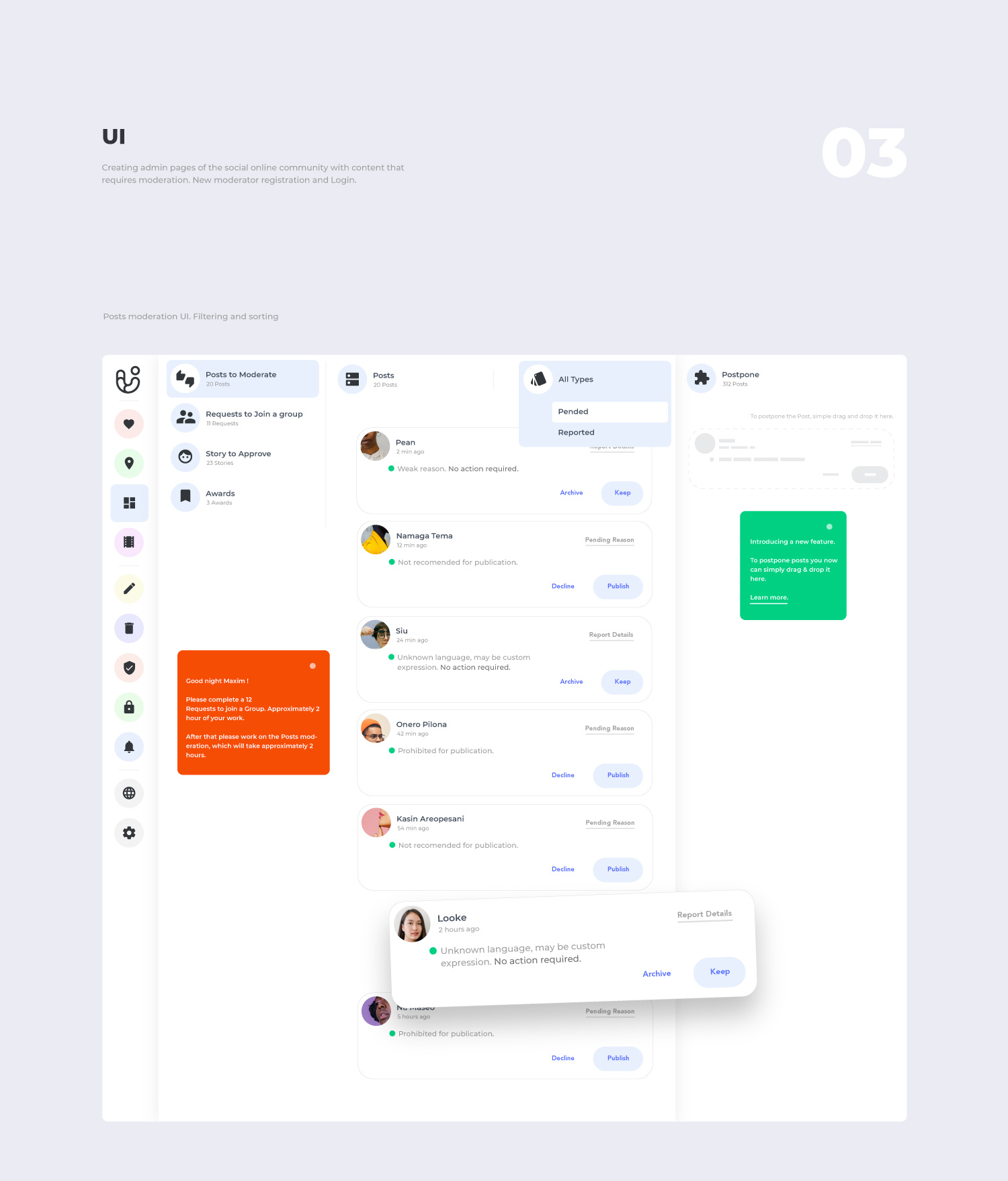 Modeling social online community UI to filter posts by group and type and moderate requests to join private group.