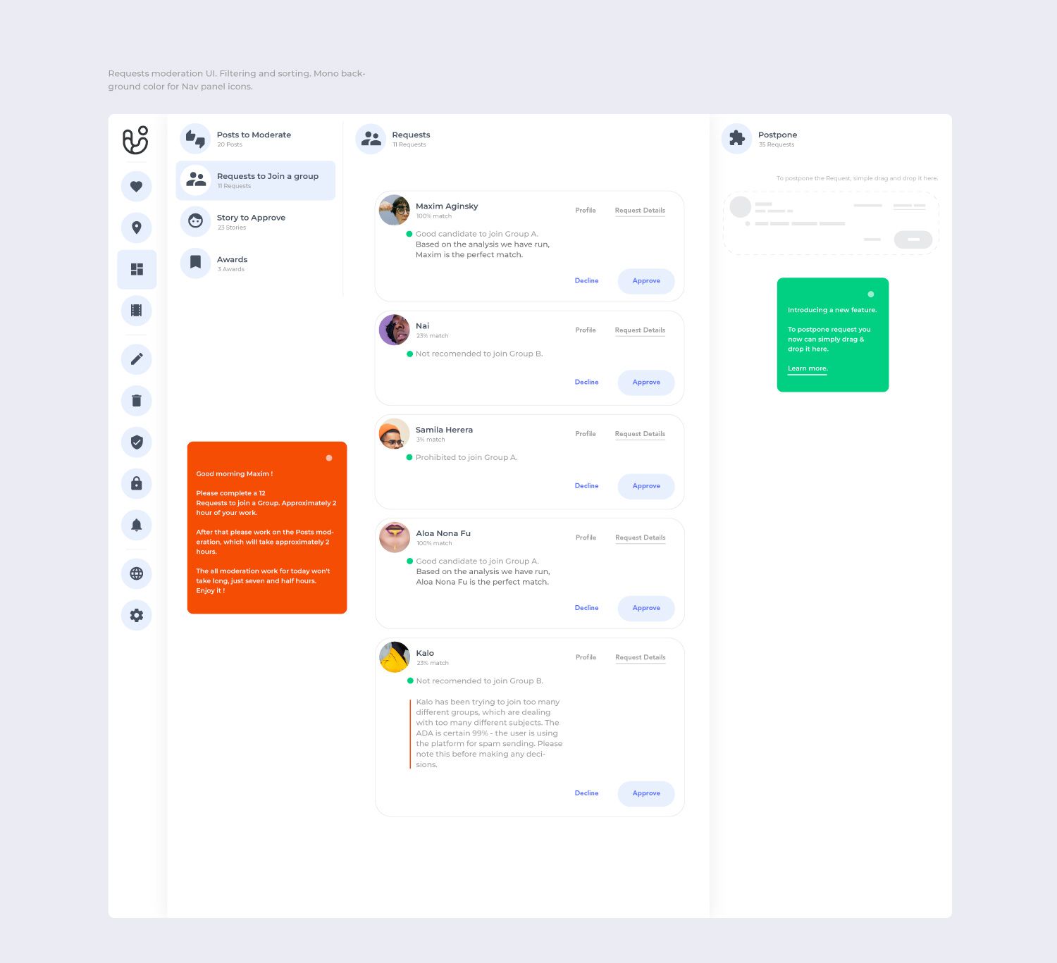Modeling social online community UI to filter posts by group and type and moderate requests to join private group.