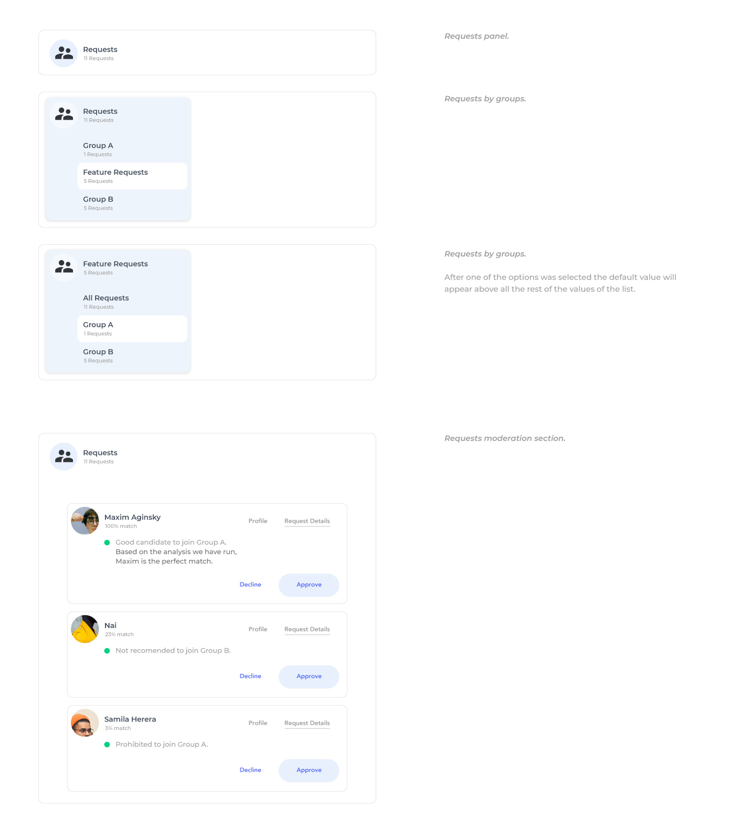 UI that will help Admins to filter posts by group and type.