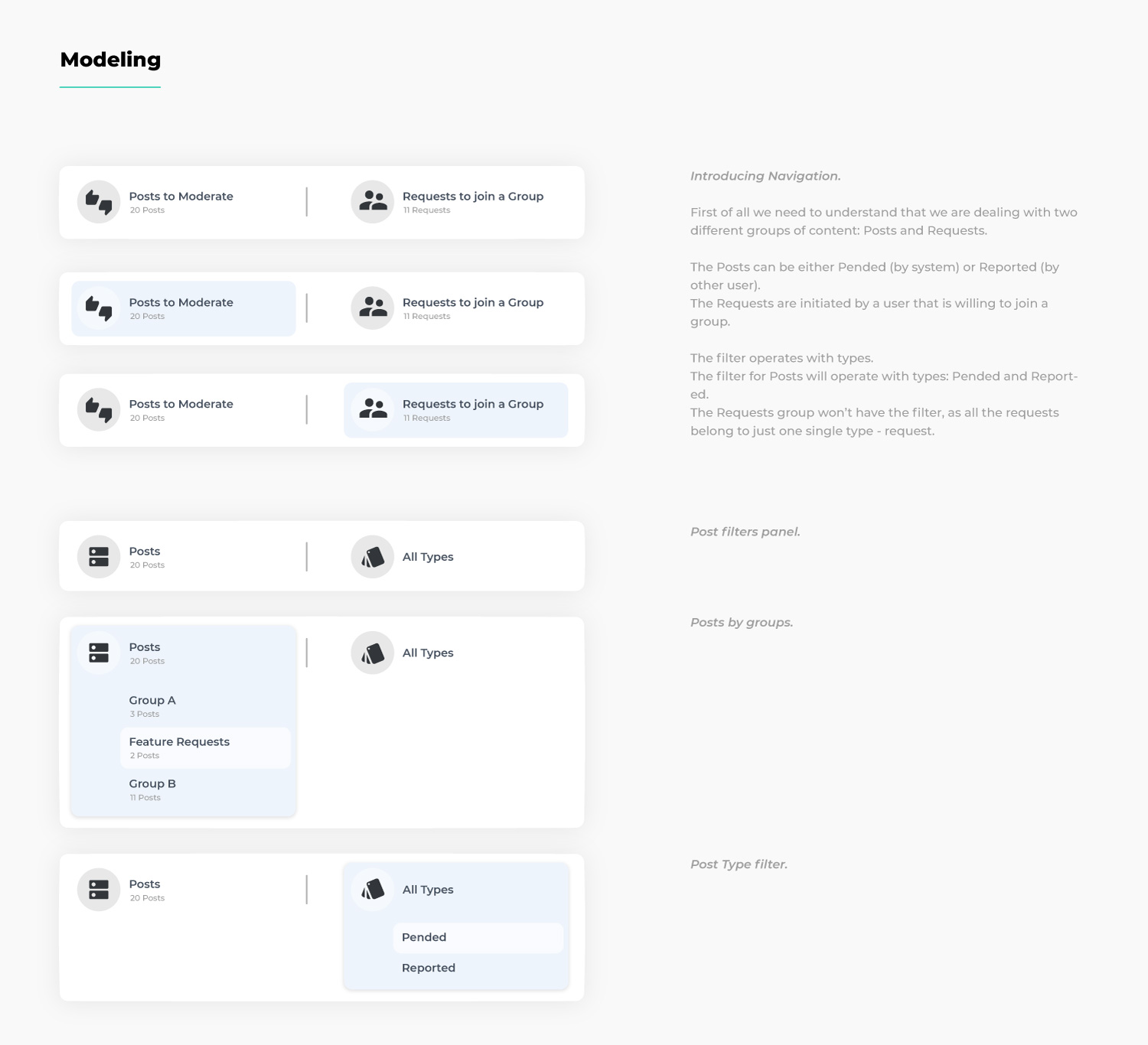 Analyse and model basic UI that will help Admins to filter posts by group and type